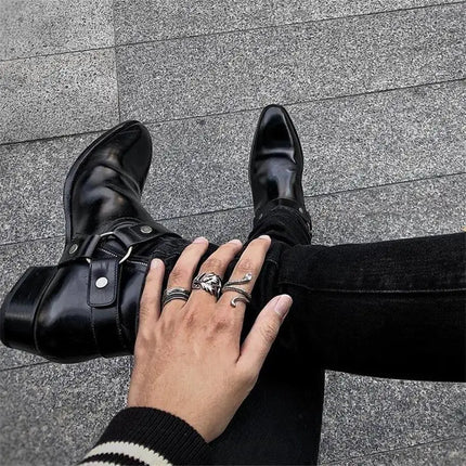 Black Buckle Genuine Leather Ankle Boots for Men Low-heeled Western Boots Safety Shoes Man for Work Handmade Winter Desert Boots