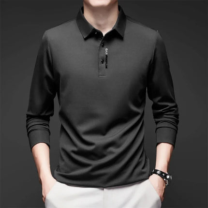 New Men's Business Casual Long Sleeved Shirt with Badge Solid Color Polo Shirt Fashionable Breathable - product image 5