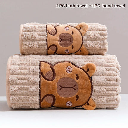 ✰✪Cute 2pc Capybara Face Towel Set, Extra Soft Coral Fleece, 34x74 Inch Towel And 70x140 Inch Bath Towel