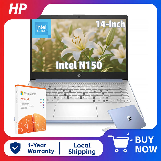 HP 14" HD LED Ultra Light Laptop with 1-Year Microsoft 365, Intel Processor N150, Up to 16GB RAM, 384GB