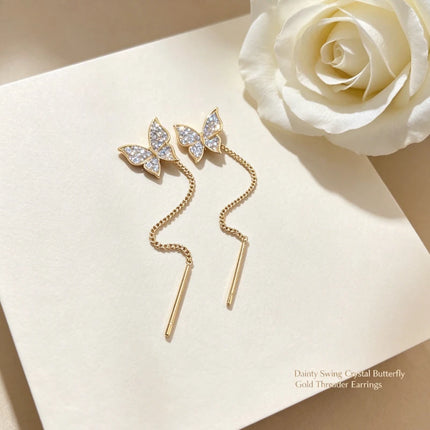 1pair Pave Crystal Butterfly Long Threader Earrings for Women Teen Girls, Dainty S Curved Thin Gold Chain Drop Ear Line, Nickel Free Elegant Accessories Gift for Wedding Bridesmaid Date Prom Birthday Holiday