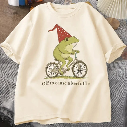 Off To Cause A Kerfuffle Frog T-Shirt Funny Weirdcore Sayings Unique Tshirt Adults Joker Women Graphic Tee Women Summer Tops Y2K
