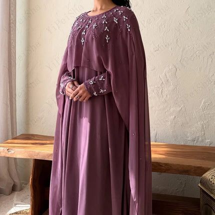 Customized A-Line Prom Dresses Floor-Length O-Neck Full Sleeve Evening Gown Fashion Stole Crystal SImple Draped Party Gown