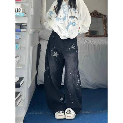Women's Star Print Wide Leg Jeans Spring Autumn New American Style Loose Baggy Tapered Trousers Casual Streetwear Denim Pants