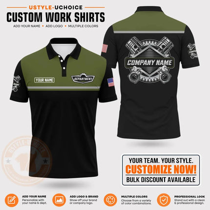 Custom Mechanic Work Pattern Polo Shirt Personalized Name Logo Uniform With Piston Print For Men Women Casual Quick Drying Tees