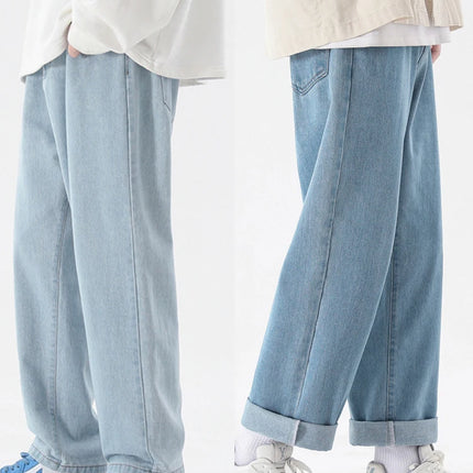 2023 New Korean Fashion Men's Casual Ankle-Length Jeans Classic Man Straight Denim Wide-leg Pants Light Blue Grey Black 3XL