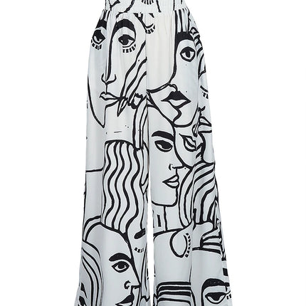 Women Plus Size Wide Leg Pants Elastic High Waist Loose Fit Abstract Print Pants Casual All-Season Trousers Female Streetwear
