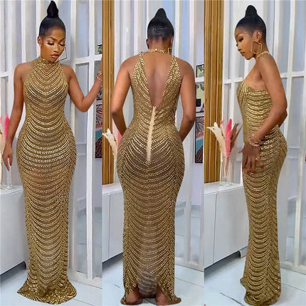 Sparkly Crystal Rhinestone Bodycon Maxi Dress Women Wedding Evening Backless Mesh See Through Night Party Club Birthday Dress