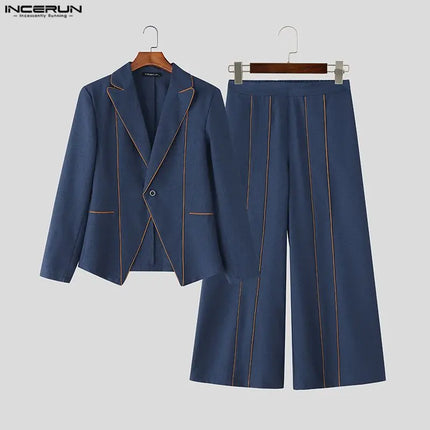 INCERUN Men Sets Patchwork Elegant Long Sleeve Blazer & Wide Leg Pants Two Pieces Sets Streetwear Fashion Men's Casual Suits
