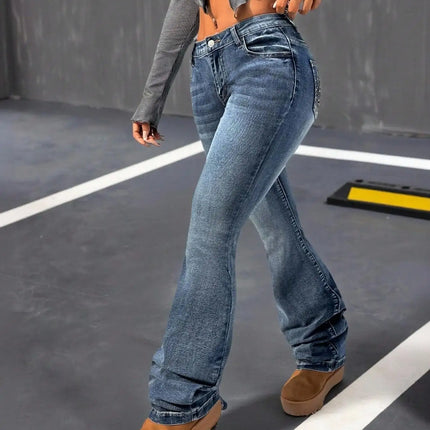 Women's Dark Washed Flare Jeans, Skull Head Rhinestone Embroidery, Fashionable Back Pocket Design, Stylish Denim Jeans