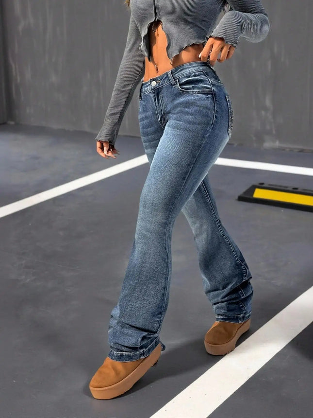 Women's Dark Washed Flare Jeans, Skull Head Rhinestone Embroidery, Fashionable Back Pocket Design, Stylish Denim Jeans