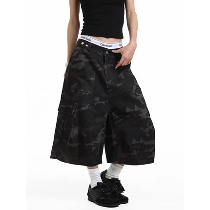 YIBASHU Women Cargo Short Jeans American Vintage Y2K 2000s Streetwear Camouflage Wide Leg Pants Summer Knee Length Denim Shorts