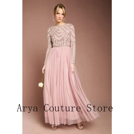 2026 Customized New Blush Pink Beaded Maxi Dress Women Long Sleeve Tulle Flowy Party Dress Elegant Wedding Guest Evening Gown