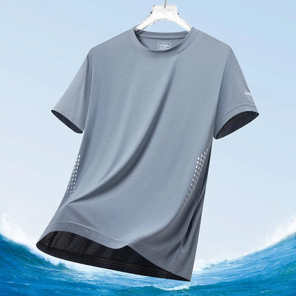 Summer Men's Silk Ice Round Collar T-shirt, Simple Running Fitness Suit, Breathable Thin T-shirt, Quick Dry T-shirt, Summer Tees