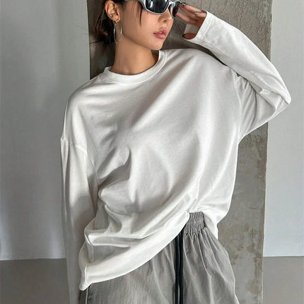 Women Basic Long Sleeve Loose O-neck T-shirt Autumn Winter Solid Color Tee Top Streetwear