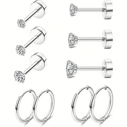 5 Pairs Earrings for Women Cartilage Earring Stacks Small Stainless Steel Earring Flat Back CZ Studs Sets for Multiple Piercing