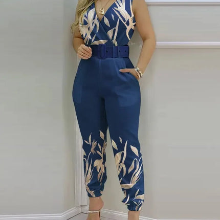 Summer Women Jumpsuits Elegant Office Lady Sexy V-neck Sleeveless Print Jumpsuits New Fashion With Belt Vest Playsuit Streetwear