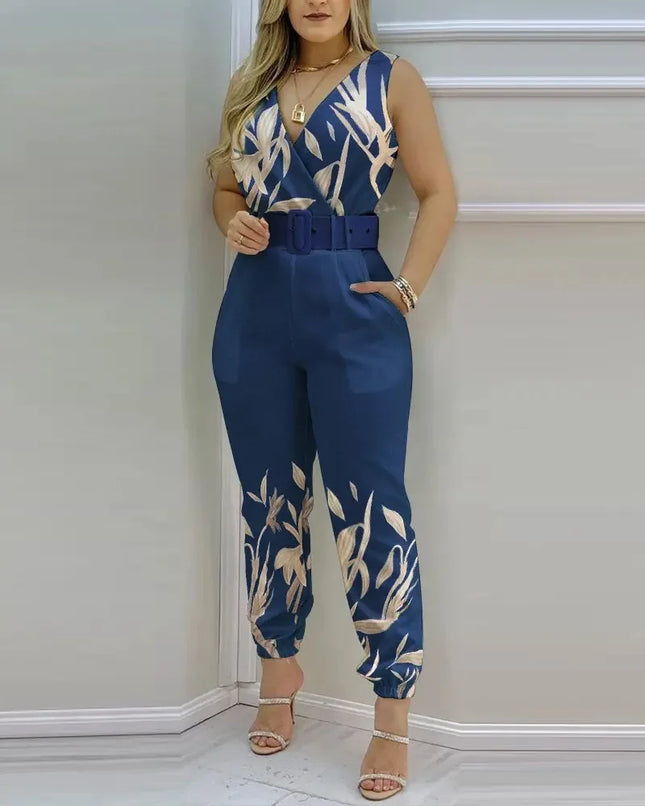 Sommer Damen Jumpsuits Elegant Office Lady Sexy V-Ausschnitt Ärmellos Print Jumpsuits Neue Mode mit Gürtel Weste Playsuit Streetwear