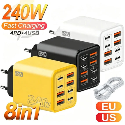 8 in 1 GaN USB-C Desktop Charger 240W Fast Charge Phone Adapter USB-C Cable For iPhone Samsung Xiaomi EU/US/UK - product imag