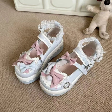 Lovely Girls Lolita Sweet Bowknots Platform Shoes Kawaii Alice Lace Flat Elevator Shoes Mary Janes