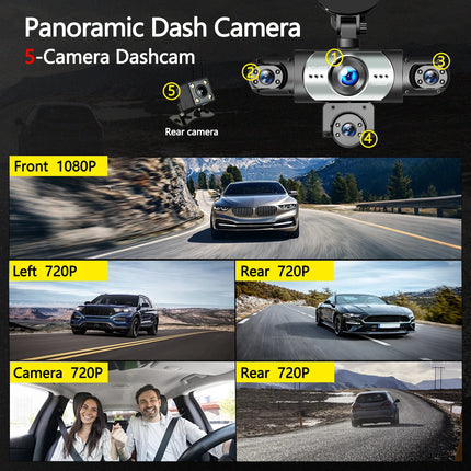 BCUOZ 5-Lens 360° Dashcam with Super Night Vision - 1080P Front 720P Rear Left Right Car Cameras Loop Recording G-Sensor WDR 12-24V Plug Power Supply Optional 64GB Memory Card