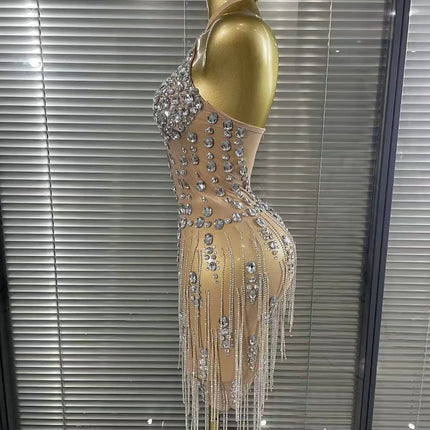 Luxury Crystals Diamonds Evening Party Dress Women Sexy Halter See Through Mesh Birthday Gowns Nightclub Singer Stage Wear