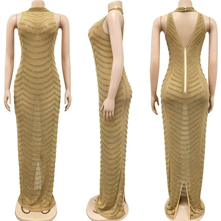 Sparkly Crystal Rhinestone Bodycon Maxi Dress Women Wedding Evening Backless Mesh See Through Night Party Club Birthday Dress