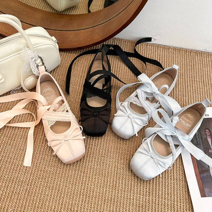 Spring/Fall New Mary Jane Flats - Ballet-Inspired Square-Toe Lace-up Flat Shoes with Elastic Strap, Vintage Satin Face Women 846