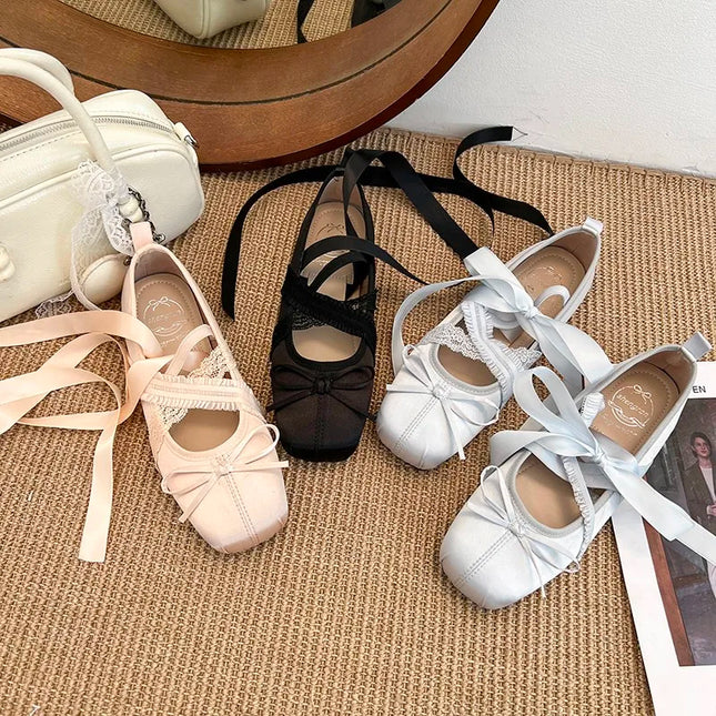Spring/Fall New Mary Jane Flats - Ballet-Inspired Square-Toe Lace-up Flat Shoes with Elastic Strap, Vintage Satin Face Women 846