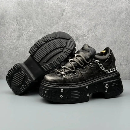 8cm High Leather Casual Shoes for Men Punk Metal Rivet Thick-Soled Mans Shoes Fashion Retro Heightening Leather Shoes Zapatillas