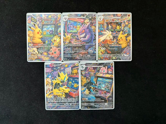 5 Stück Pokémon Buntstift-Stil Zeraora Lucario Gengar Raboot Holo-Karten Pokémon Geschenk Kunst Pokémon Blitzkarten Geschenk