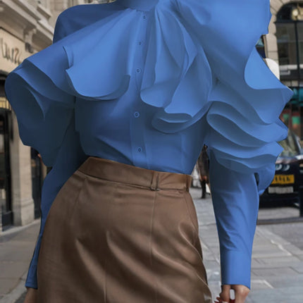 ZANZEA Vintage Solid Office Blouse Women Ruffled Stitching Street Shirts Spring 3D Long Sleeve Tops Casual Loose Buttons Tunics