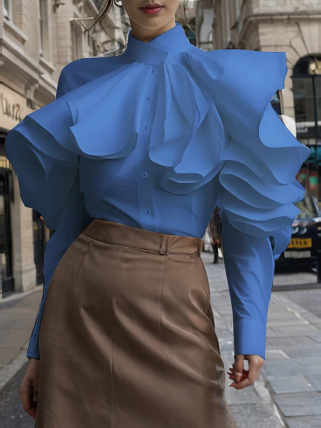 ZANZEA Vintage Unifarbene Bürobluse Damen Rüschen Stitching Street Shirts Frühling 3D Langarm-Oberteile Lässige Lose Knopfleisten Tuniken