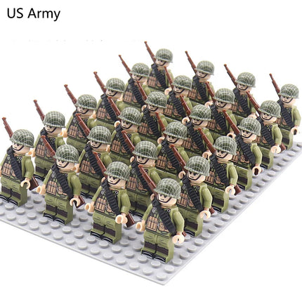 WW2 24pcs/Lot Military Soldiers Building Blocks Set Weapons Soviet US UK China France Army Action Figures Bricks Toys Kids Gifts