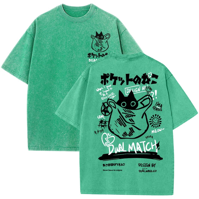Damen Cartoon T-Shirts Vintage Sommer Harajuku Kawaii Katzen-Print Kurzarm-T-Shirts Paar Streetwear Lockere Kleidung Baumwoll-Oberteile