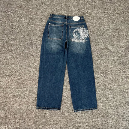 Real Photos Derschutze Jeans High Quality Pattern Embroidery Denim Trousers Retro Grey Street Men Women Pants