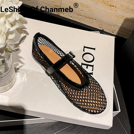 LeShion Of Chanmeb Brand Mesh Net Ballet Flats Shoes for Women Strap Buckle Breathable Cool Spring Summer INS Ballerina Shoes 43