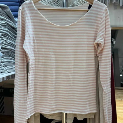 Sweet Pink Striped Long Sleeve T-shirt Women New Spring Cotton Raw Hem Slash Neck Slim Tee Tops Cute Preppy Style T shirt Y2K