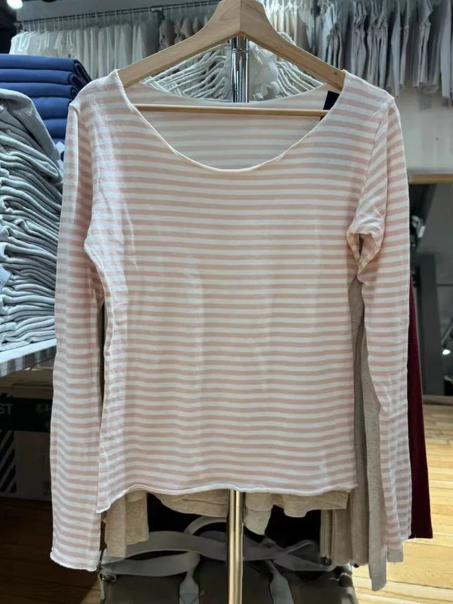 Süßes rosa gestreiftes Langarm-T-Shirt für Damen, neues Frühjahr, Baumwolle, offener Saum, U-Boot-Ausschnitt, schmales T-Shirt, süßer Preppy-Stil, Y2K
