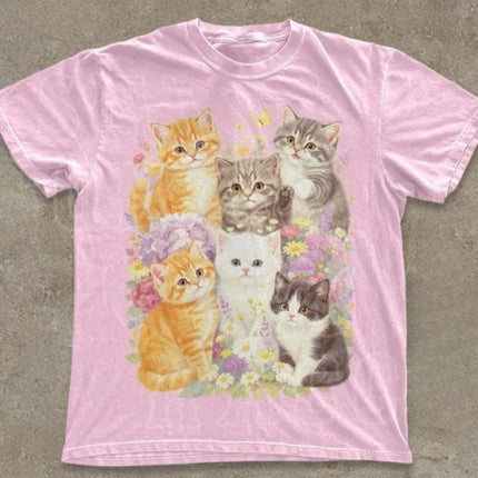 Retro Kitten Shirt, Retro Floral Cat T-shirt, Pastoral Style Gift T-shirt for Cat Lovers Aesthetic Cute Clothing, Harajuku Style
