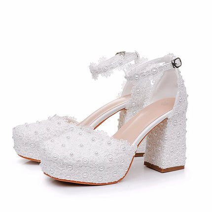 9cm Plus Size Shoes for Women 34-42 Autumn Fashion Women High Heels Pumps Round Toe Party Evening Wedding Lace Platform Shoes
