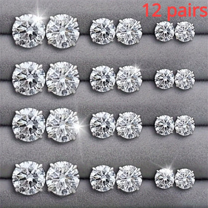 12 Pairs Set Stainless Steel Silver Color CZ Stud Earrings with Gemstone Buds Round Earrings Jewelry Accessories Unisex