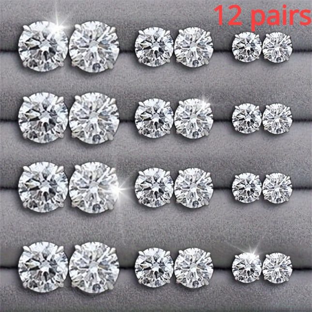 12 Pairs Set Stainless Steel Silver Color CZ Stud Earrings with Gemstone Buds Round Earrings Jewelry