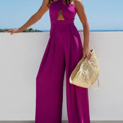Sexy Backless Halter Neck Sleeveless Bandage Jumpsuit Summer Women Fashion Red Black Hollow Out Wide Leg Jumpsuits Streetwear