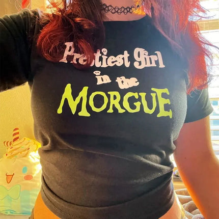 Prettiest Girl in The Morgue Black Baby Tees Summer Slim Cotton Sexy Crop Tops for Women Street Fashion Grunge Y2K T Shirts