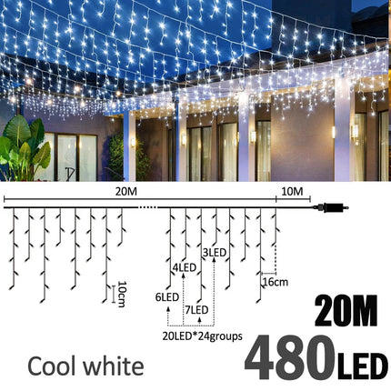 6.5200LED/20M480LED Icicle String Lights Christmas 40Drops 8 Modes, Plug in Curtain Waterproof for Holiday Wedding Party Garden