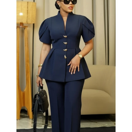Women Stand Collar Puff Sleeve Button Peplum Top And Straight Leg Pants For Elegant Office Business And Daily Occasion