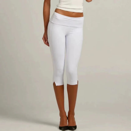 Individuality Low Rise Split Hem Length Skinny Pants Women Solid Fold Over Capri Leggings Casual Summer Streetwear Yoga Pants