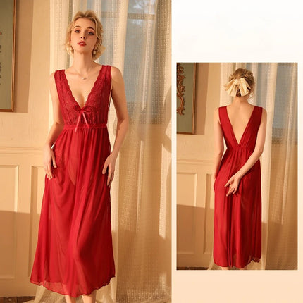 Sheer Mesh Fairy Nightdress for Girls Long Sexy Sleepwear Gown with Jacquard Lace Trim Whimsical Home Lounge Set for Women