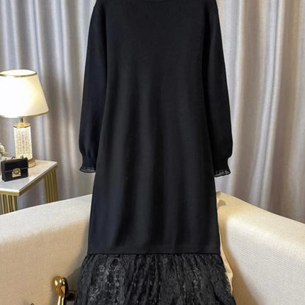 Oversize Black Lace Splicing Knitted Sweater Dress Women Autumn Winter French  Mid-length A-lin Dresses Loose Long Sleeve Dress